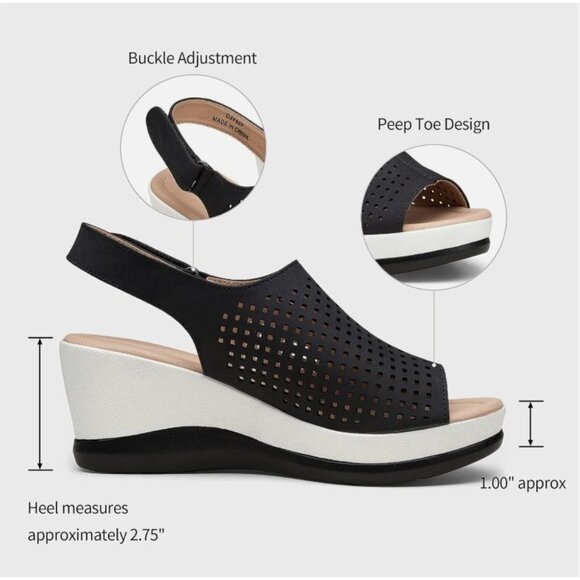 Jeossy Women's Platform Peep Toe Wedge High Heel Sandals Black Size 8 - Picture 9 of 12